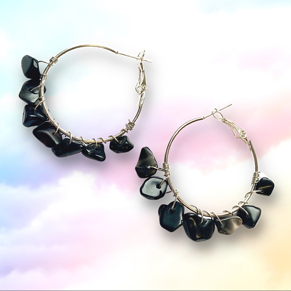 ⭐️ Black Gemstone Boho Obsidian Silver Hoop Earrings